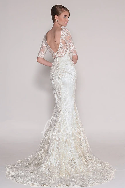 Appliqued Lace Wedding Dress with V-Back Half Sleeves and Sweep Train Maxi Bridal Gown