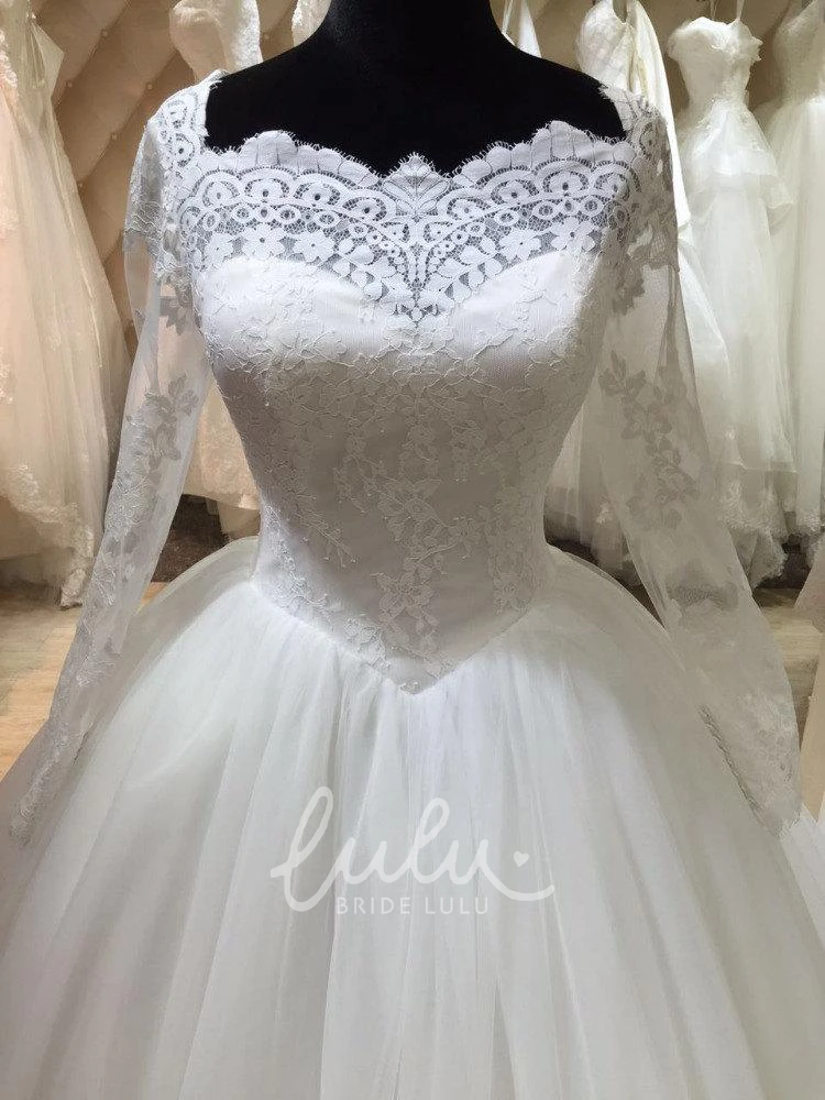 Tulle Ball Gown with Illusion Sleeve and Lace Hemline Elegant Wedding Dress