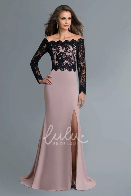 Jersey Off-The-Shoulder Sheath Dress with Split Front and Long Sleeves