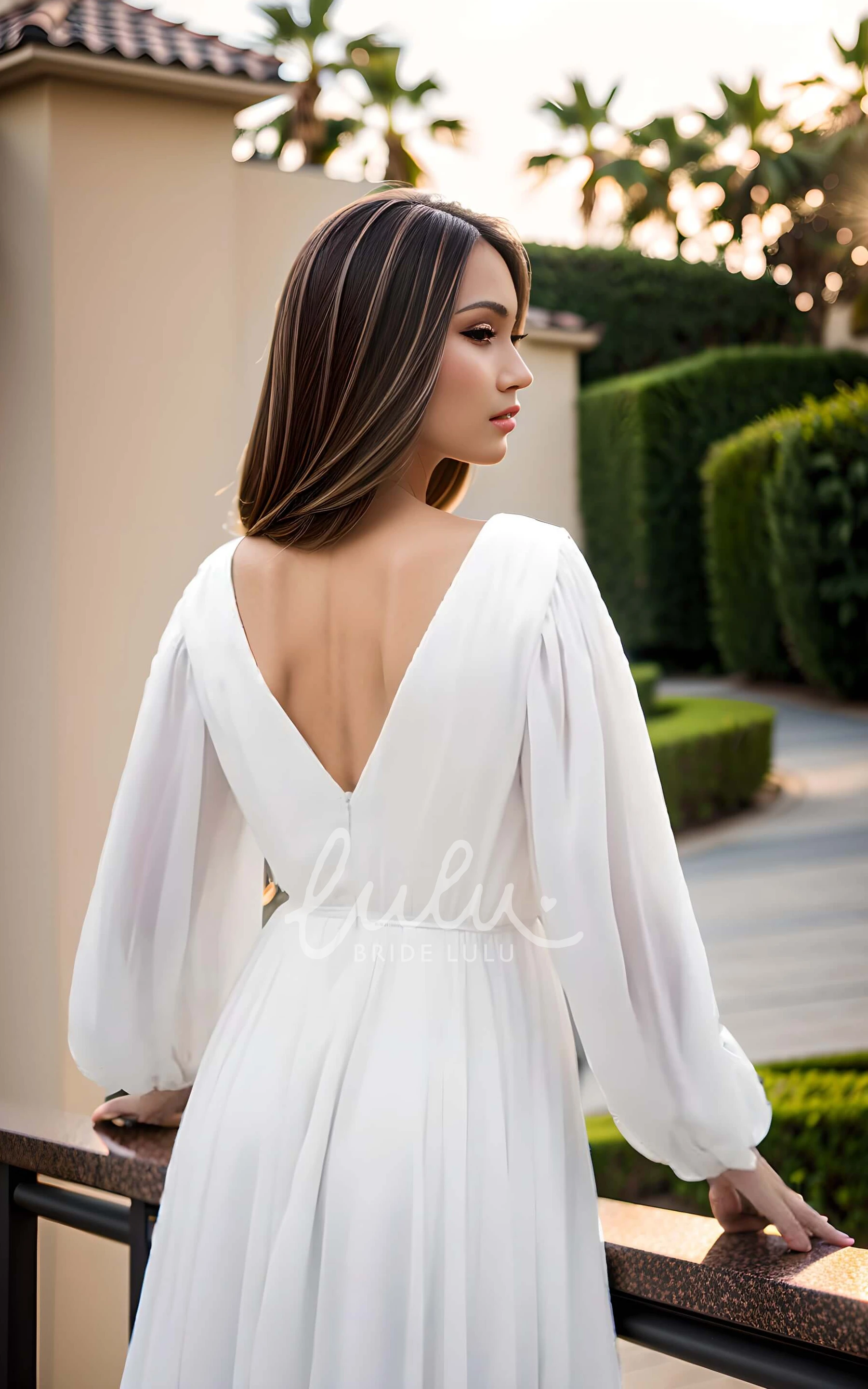 Elegant Solid A-Line Pleats Chiffon Floor-length Winter Wedding Dress Vintage Sexy Balloon Long Sleeve Plunging V-Neck Bridal Gown with V Back Train Sash