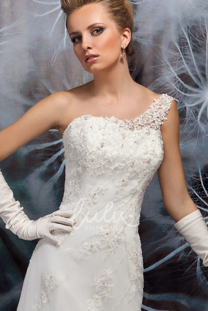 Appliqued Lace and Tulle Wedding Dress with Chapel Train A-Line One-Shoulder