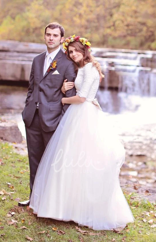 Lace Tulle A-Line Wedding Dress with Jewel Neckline