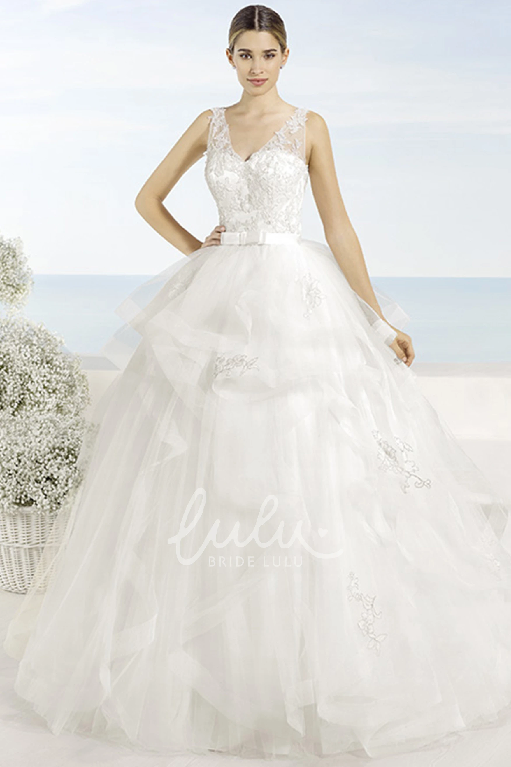 Cascading Ruffles V-Neck Tulle Wedding Dress Ball Gown Maxi Sleeveless