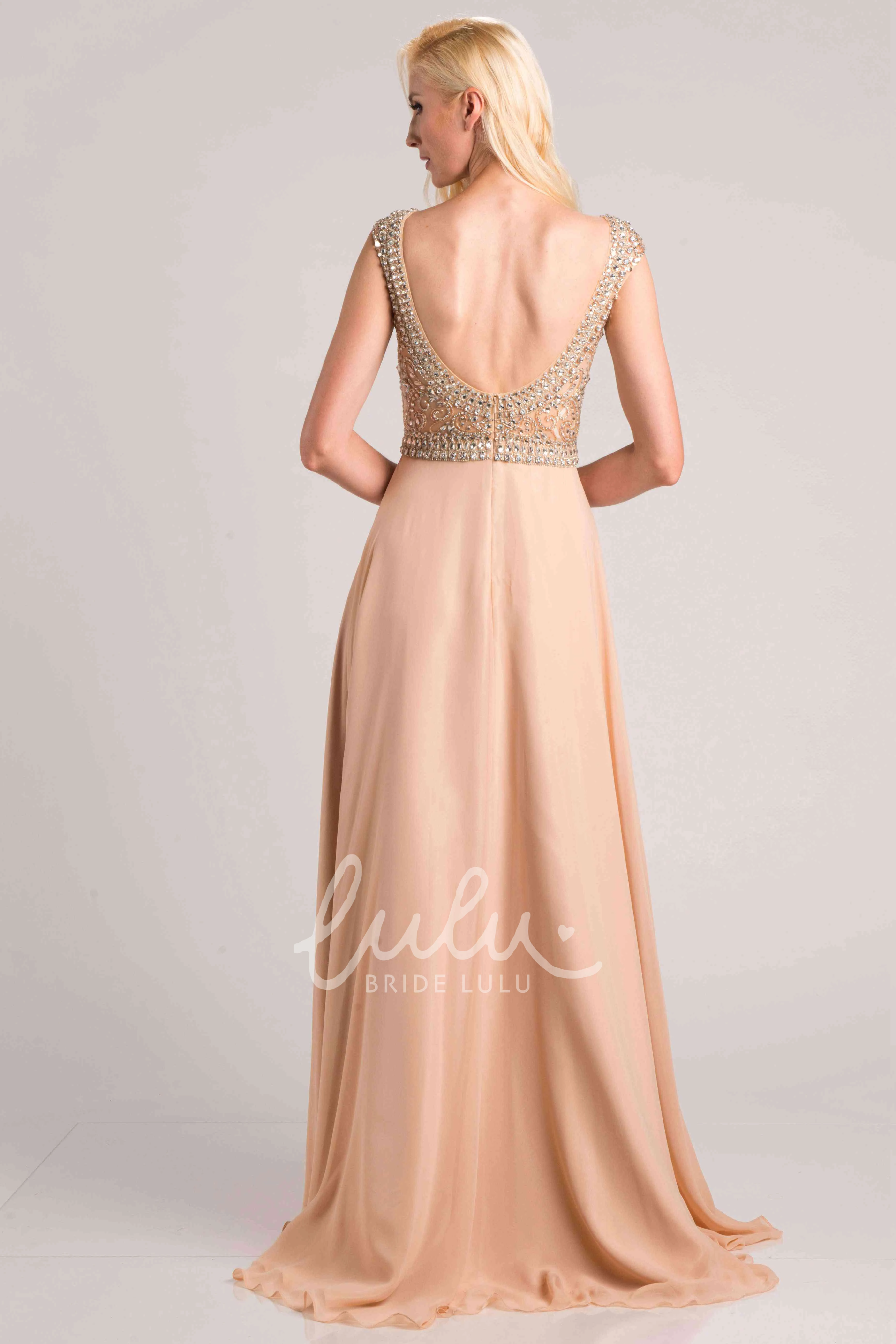 Chiffon A-Line Prom Dress with Cap Sleeves and Jeweled Bodice
