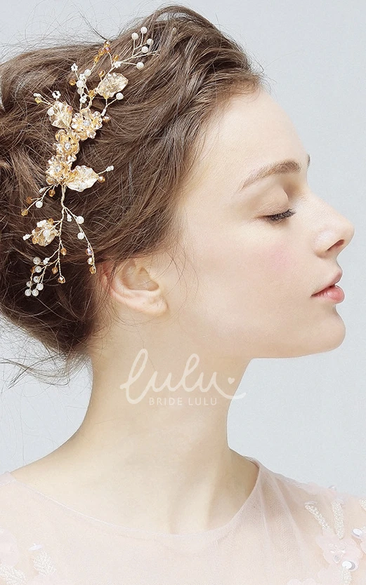 Delicate Gold Rhinestone Pearl Hair Comb for Wedding Dress