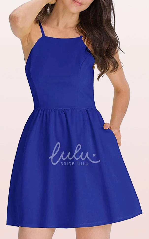 A Line Taffeta Spaghetti Cocktail Dress with Pockets Sleeveless Casual Women