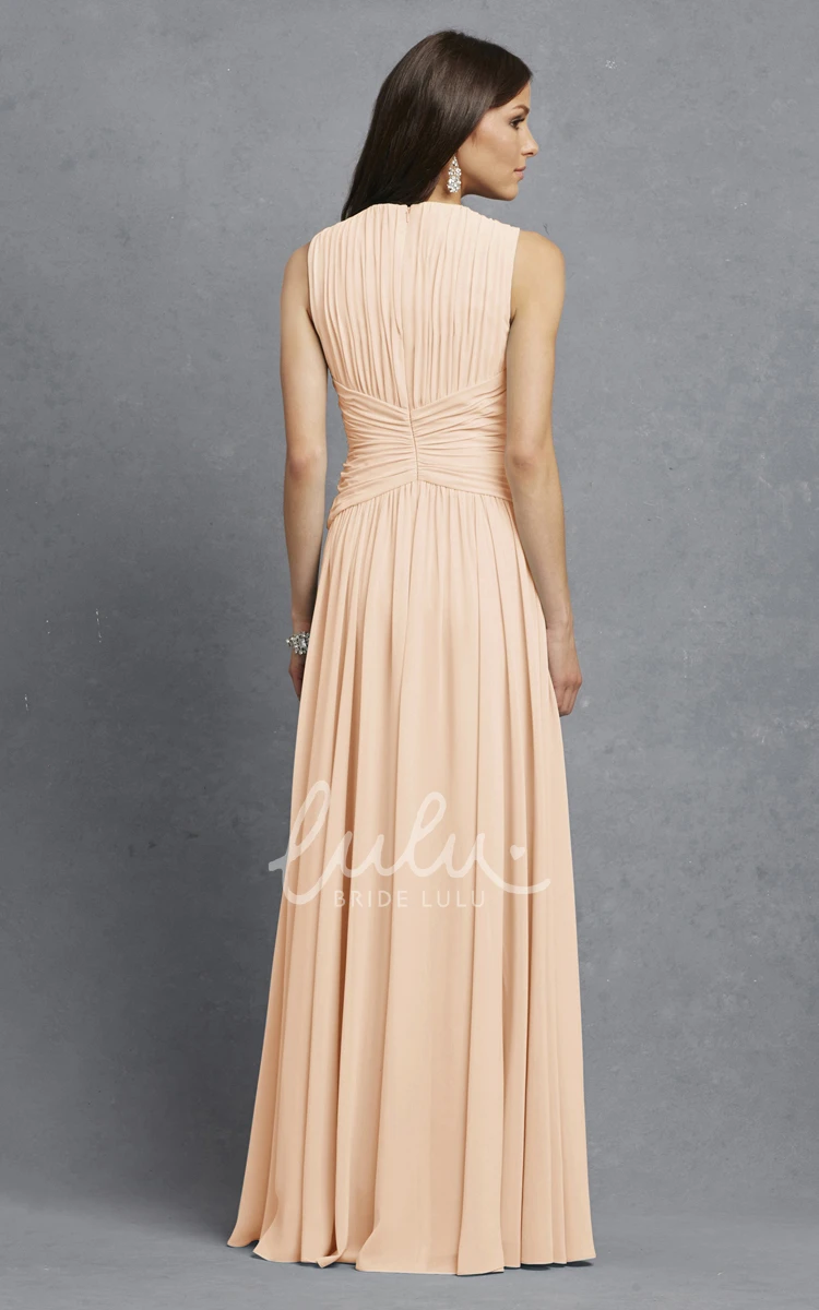 V-Neck Sleeveless Chiffon Dress with Ruching and Crisscross Detail