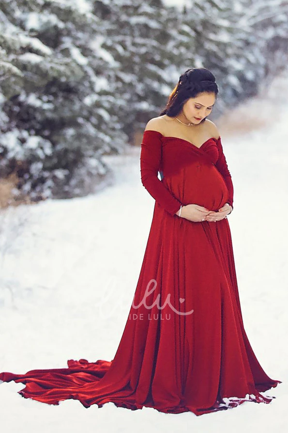 Court Train A-Line Maternity Dress with Long Sleeves and Empire Waist