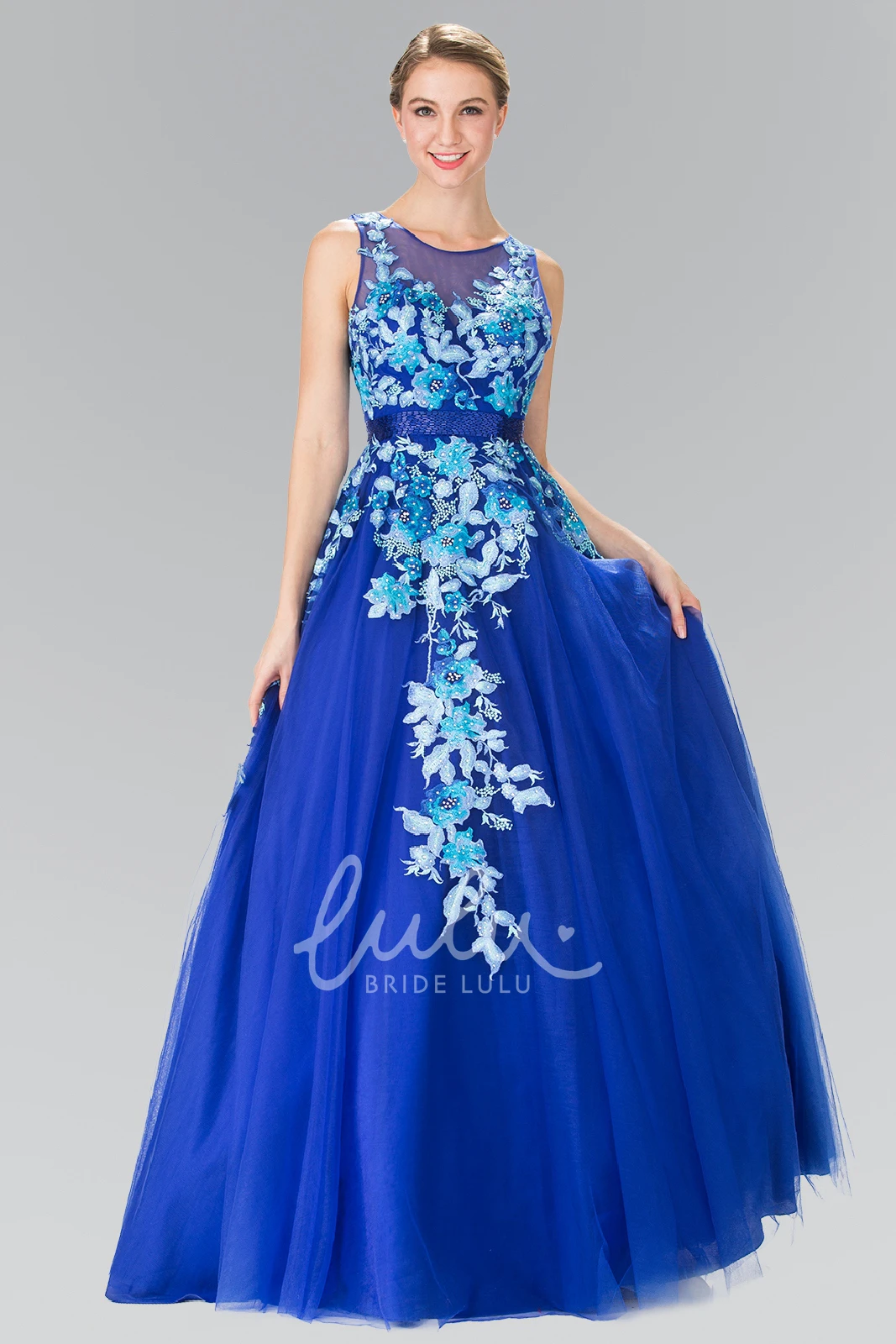 Sleeveless Tulle A-Line Formal Dress with Appliques and Pleats