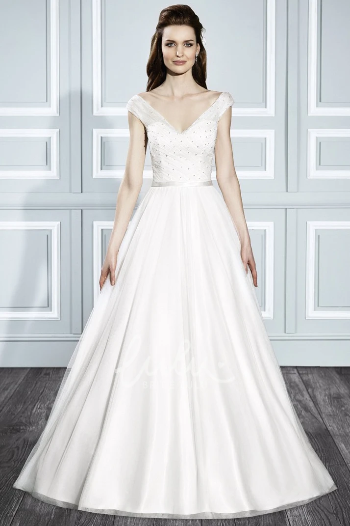 Cap Sleeve V-Neck Tulle Wedding Dress with Ruching A-Line Style