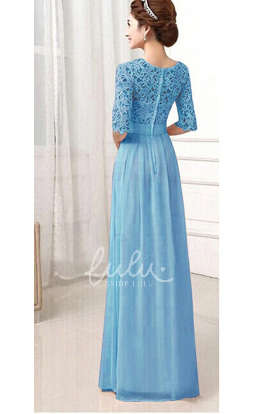 Long Bridesmaid Gown Chiffon with Lace Bodice and Belt Scoop Half Sleeve