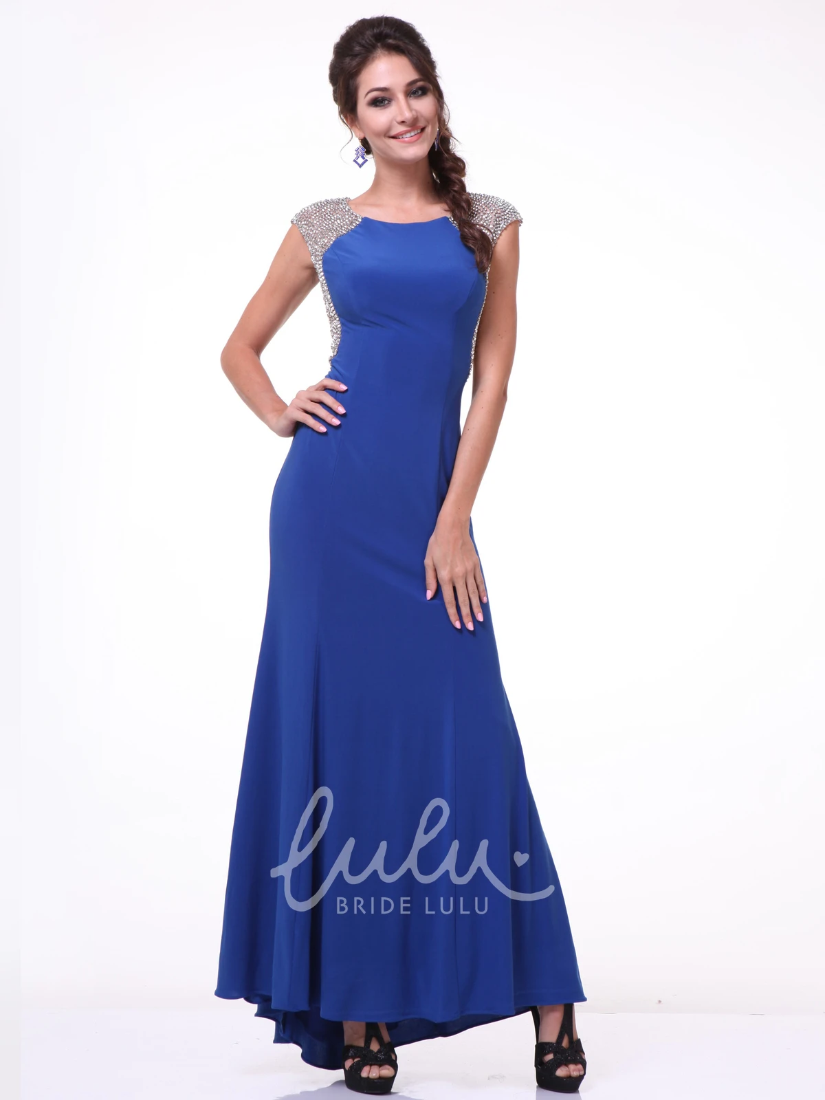 Floor-Length Scoop-Neck Cap-Sleeve Jersey Dress With Beading Sheath
