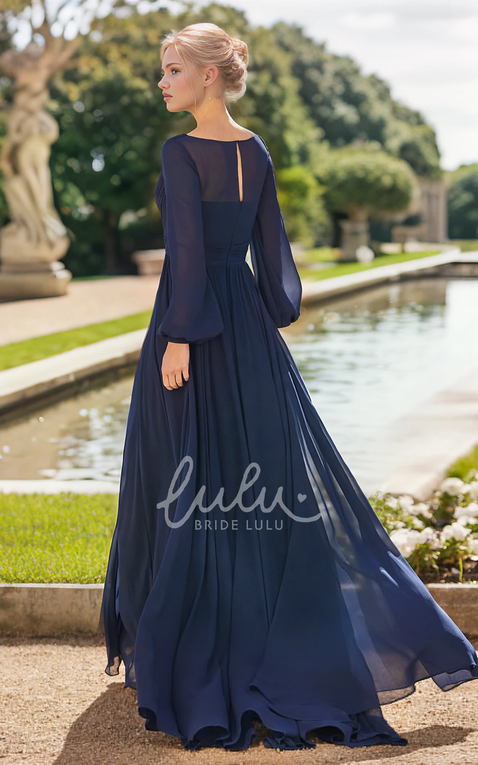 Vintage Floor-length A-Line V-neck Elegant Chiffon Tall Woman Long Sleeve Pleats Prom Evening Dress with Zipper Back