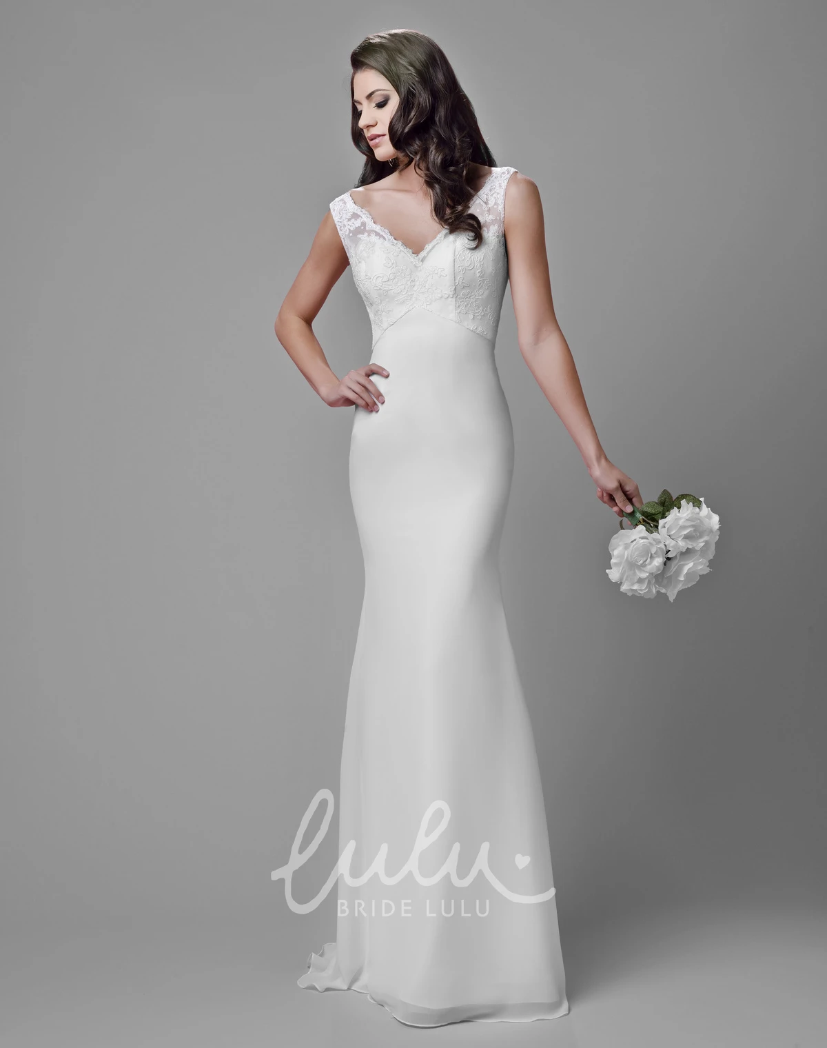 Sleeveless V-Neck Sheath Chiffon Gown with Lace Bodice Classy Bridal Dress