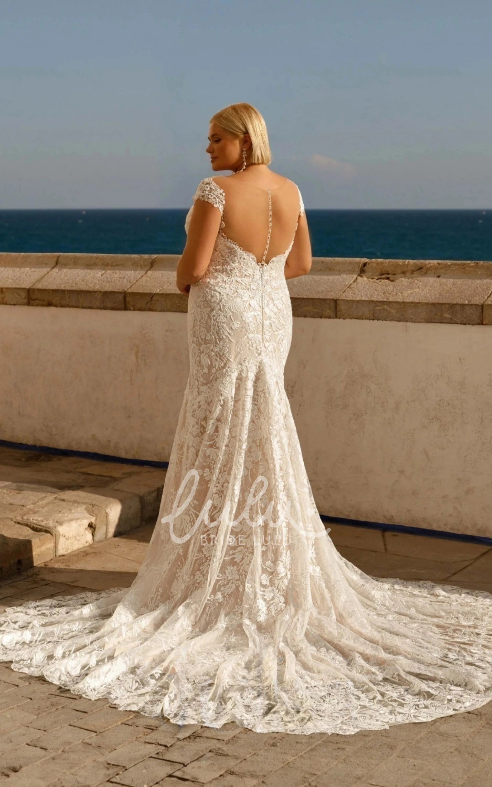 Plus Size Bohemian Wedding Dress Mermaid Straps Sleeveless with Low-V Lace Button Back