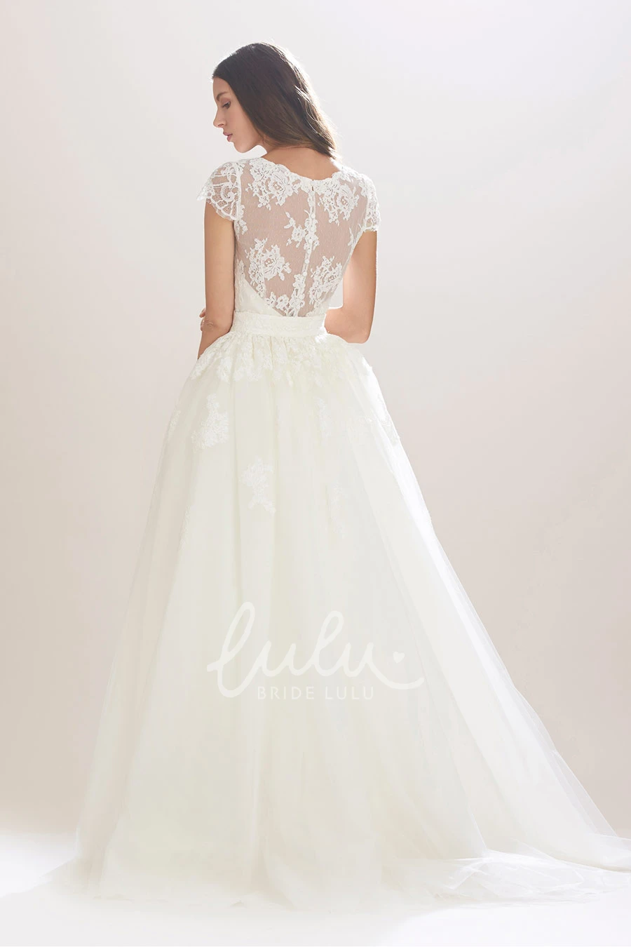 Illusion Cap-Sleeve Lace Wedding Dress with Ribbon Sheath Style for Brides
