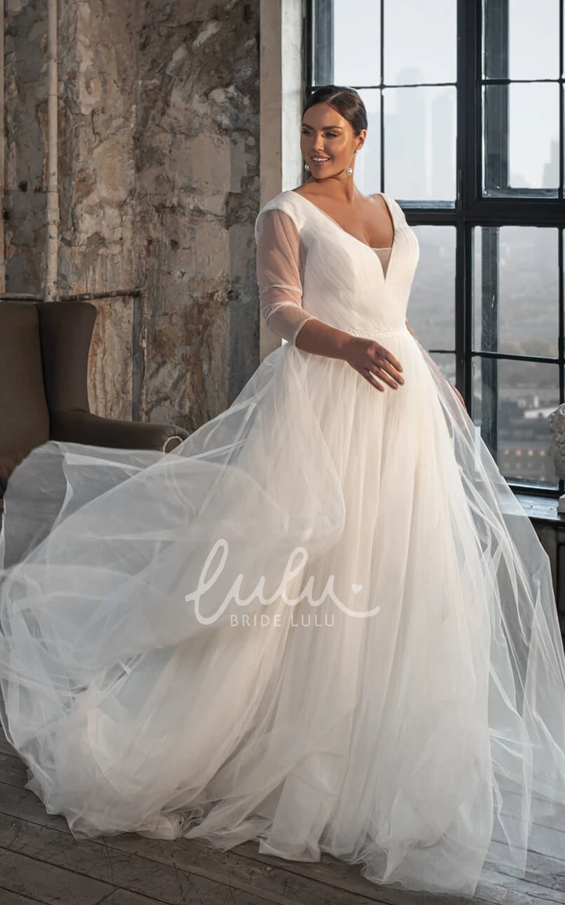 Tulle A Line Court Train Wedding Dress with Romantic V-neckline and Ruching