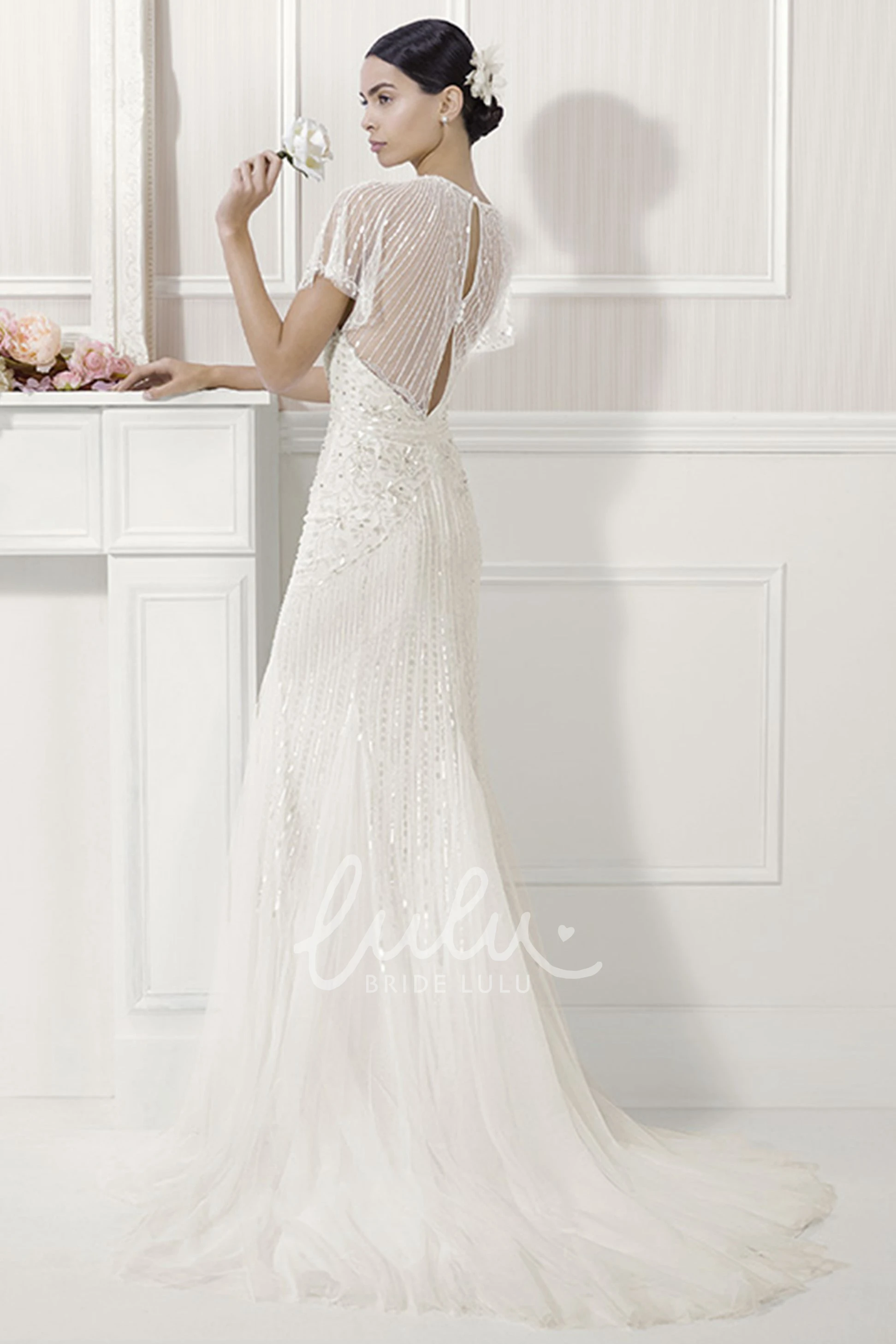 V-Neck Sheath Tulle Wedding Dress with Batwing Sleeves and Sequins