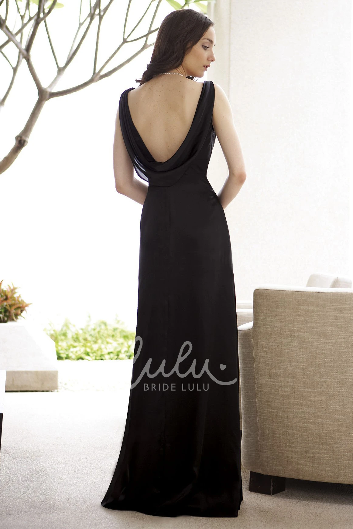 Sleeveless A-Line Bridesmaid Dress with Draped Back Flowy Bridesmaid Dress