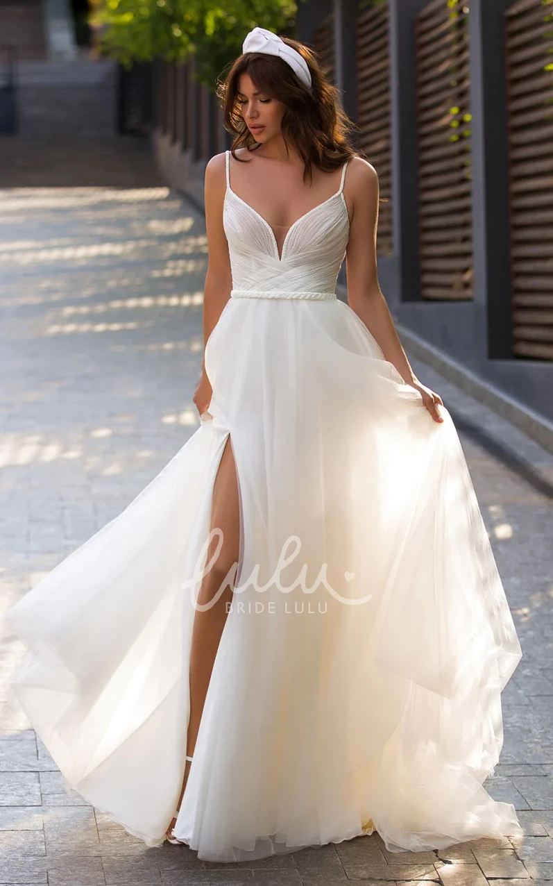 Luxury A-Line Spaghetti Sweetheart Tulle Court Wedding Dress with Split Front