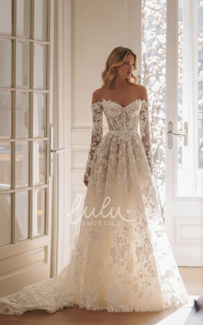 Fairy Modern Bohemian A-Line Lace Off the Shoulder Winter Wedding Dress Chic Princess 3D Appliques Floral Illusion Long Sleeve Bridal Gown
