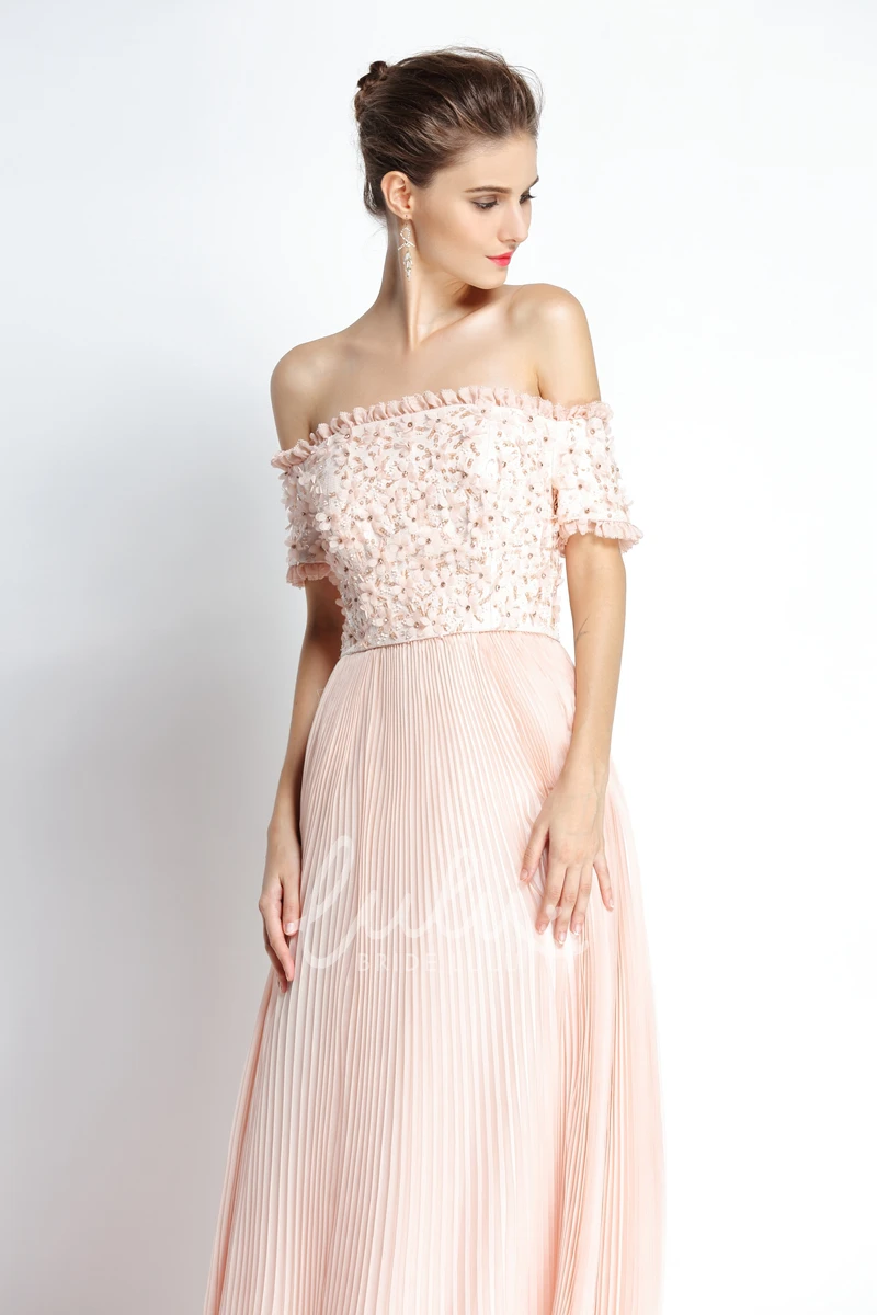 A-Line Off-the-shoulder Chiffon Prom Dress with Beading Knee-length Short Sleeve