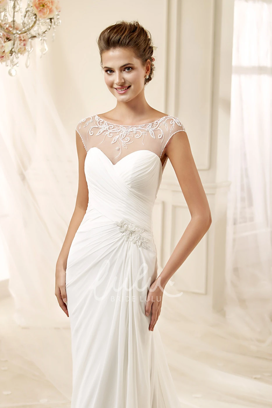 Illusive Neckline Chiffon Wedding Dress with Cap Sleeves and Bandage Waist