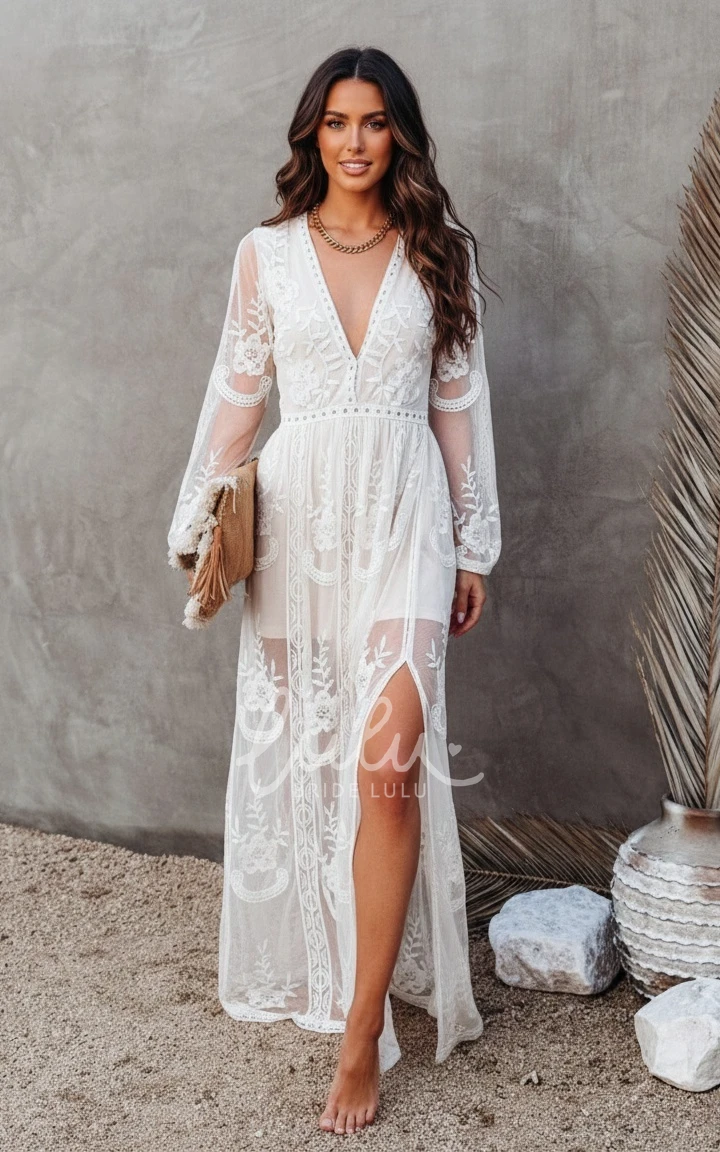 Bohemian Long Sleeve Flower Lace Sheath Beach Plunging Neckline Spring Wedding Dress Floor-length Split Front