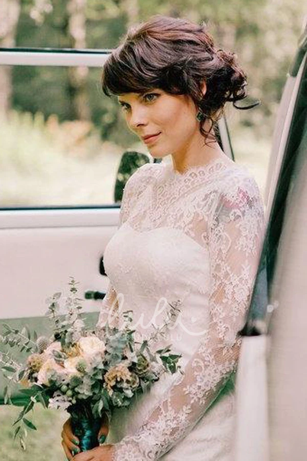 Knee-Length Lace Wedding Dress with Long Sleeves and High Neck Classy Bridal Gown