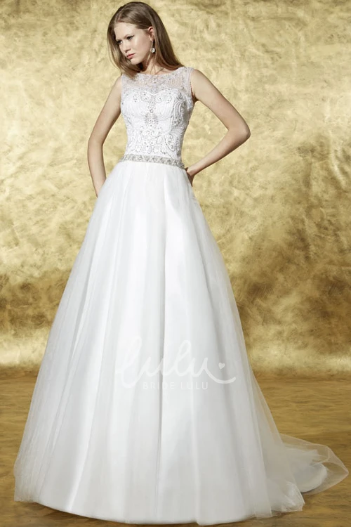 Jeweled Tulle Wedding Dress with Court Train and Illusion Long Scoop Wedding Dress