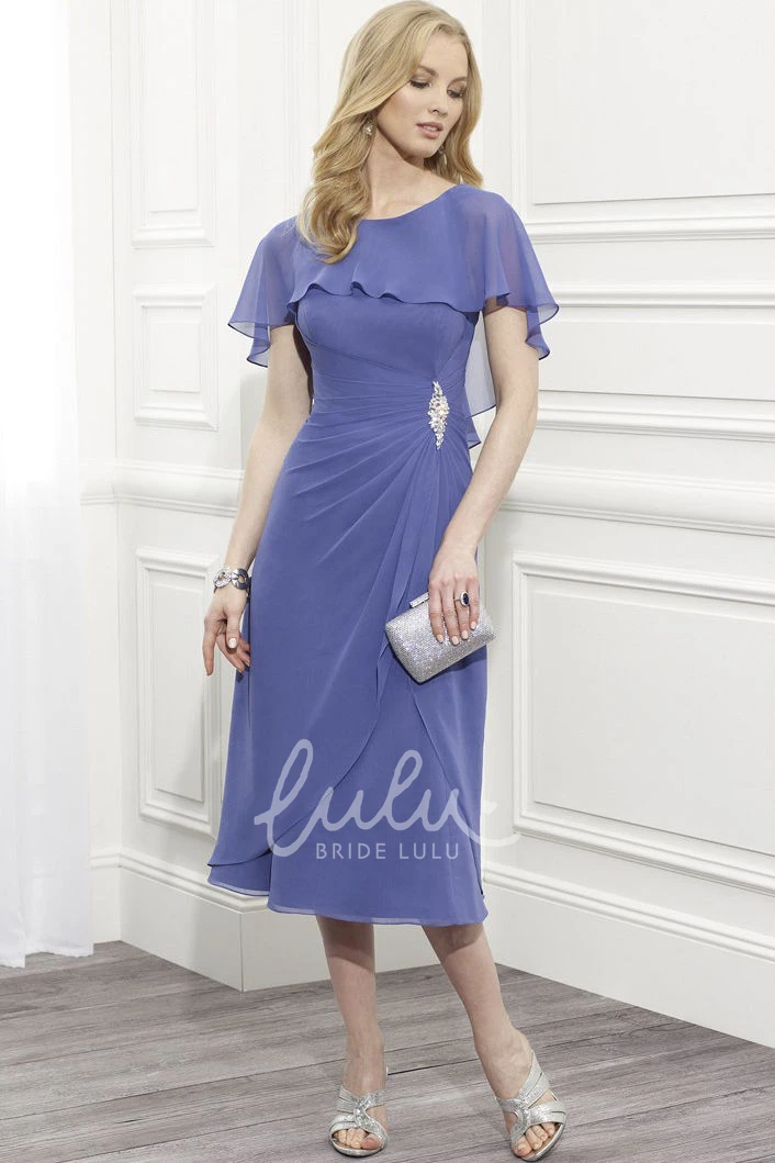 Chiffon Tea-Length Mother Of The Bride Dress with Draped Poet Sleeves and Broach