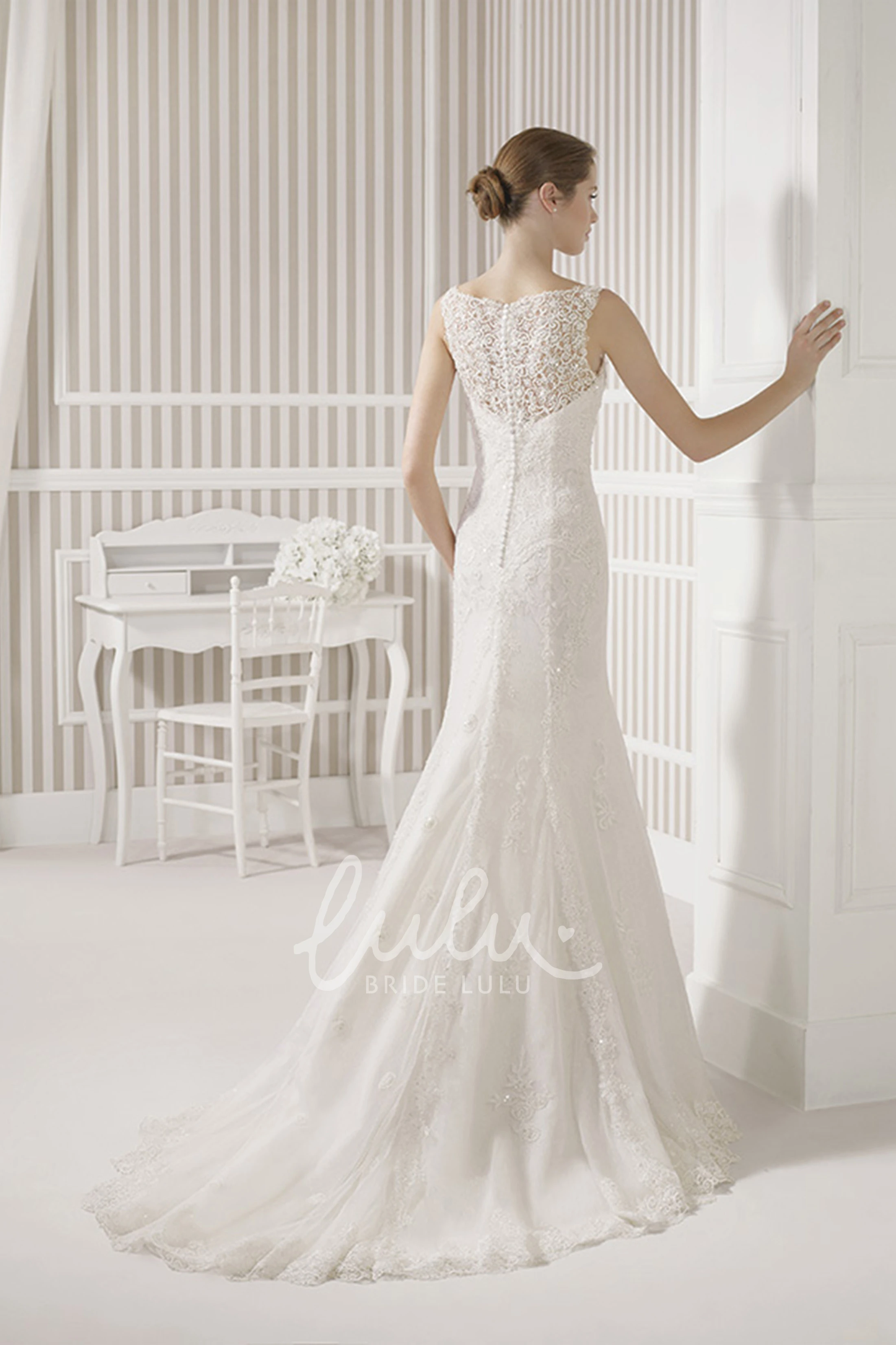 Bateau Sleeveless Lace Sheath Wedding Dress with Illusion Back and Court Train