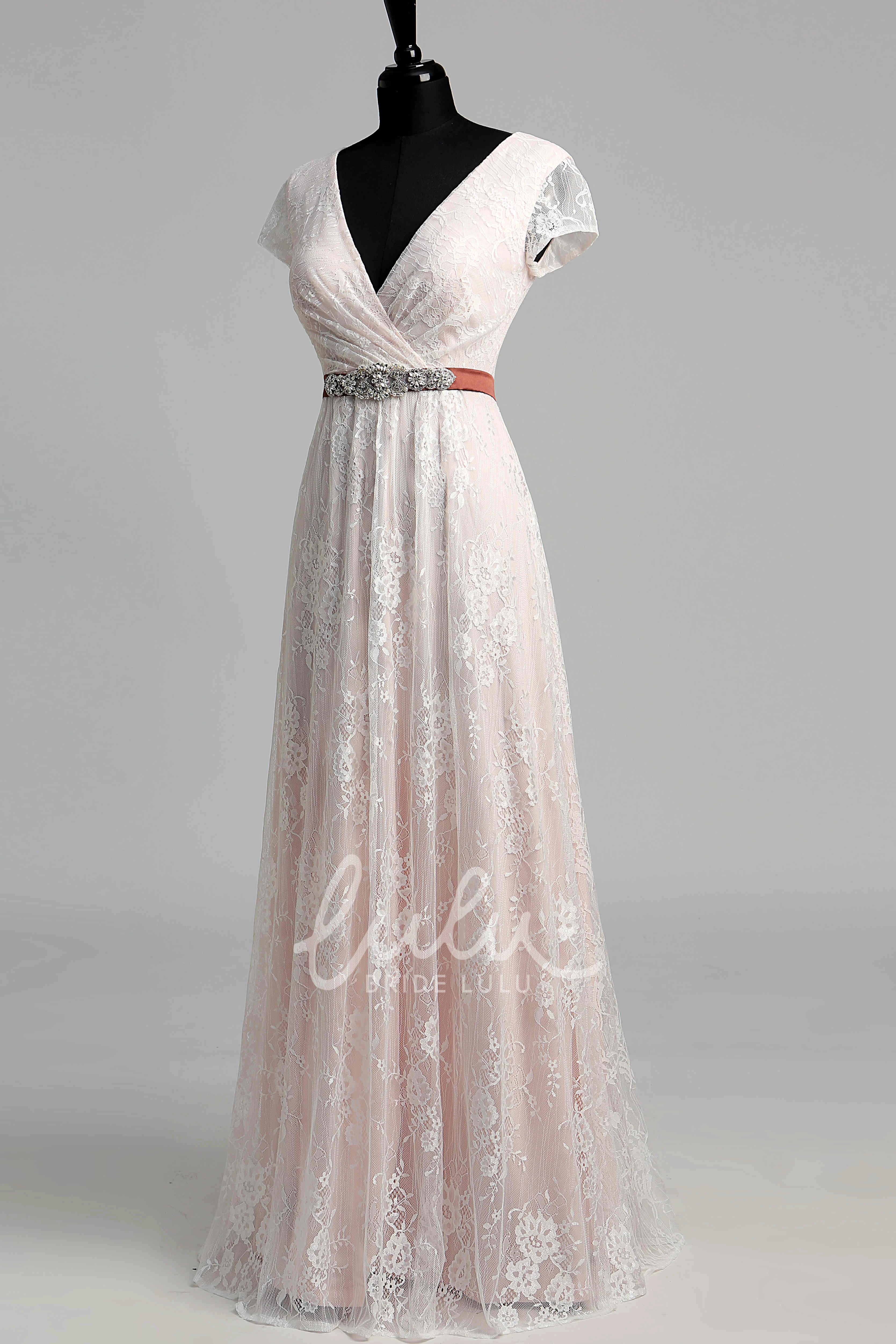 Lace A-Line Beach Wedding Dress with Sash Ribbon and Beading