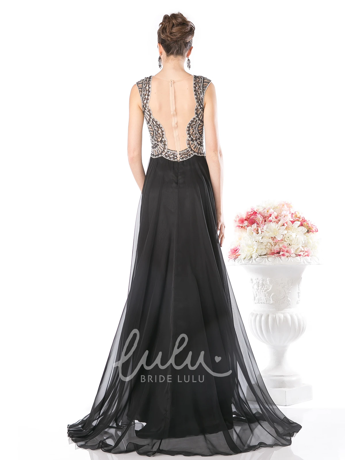 Chiffon Queen Anne Illusion Bridesmaid Dress with Beading and Pleats