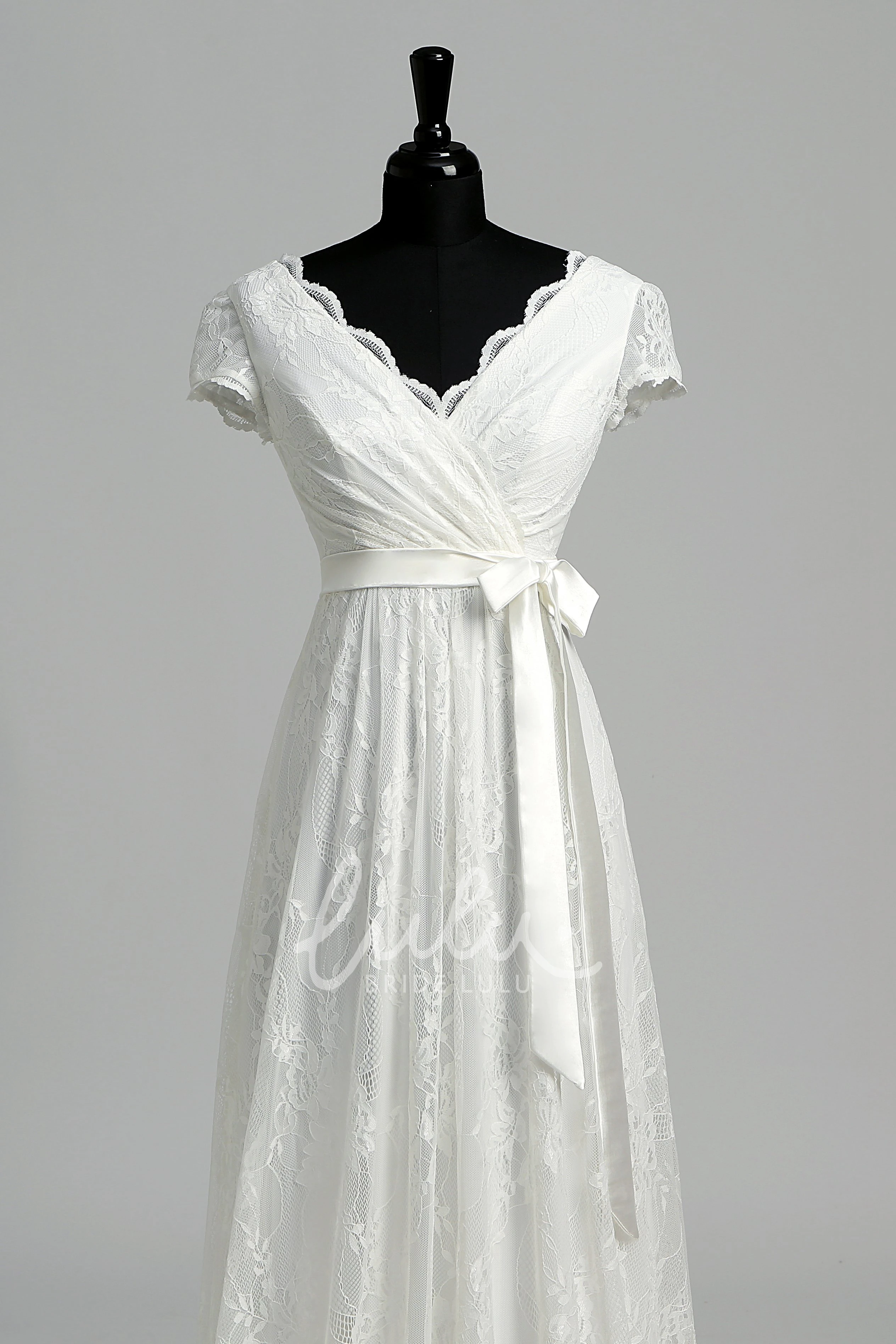 Illusion Lace A-line Wedding Dress with Scalloped V-neckline and Criss Cross Back