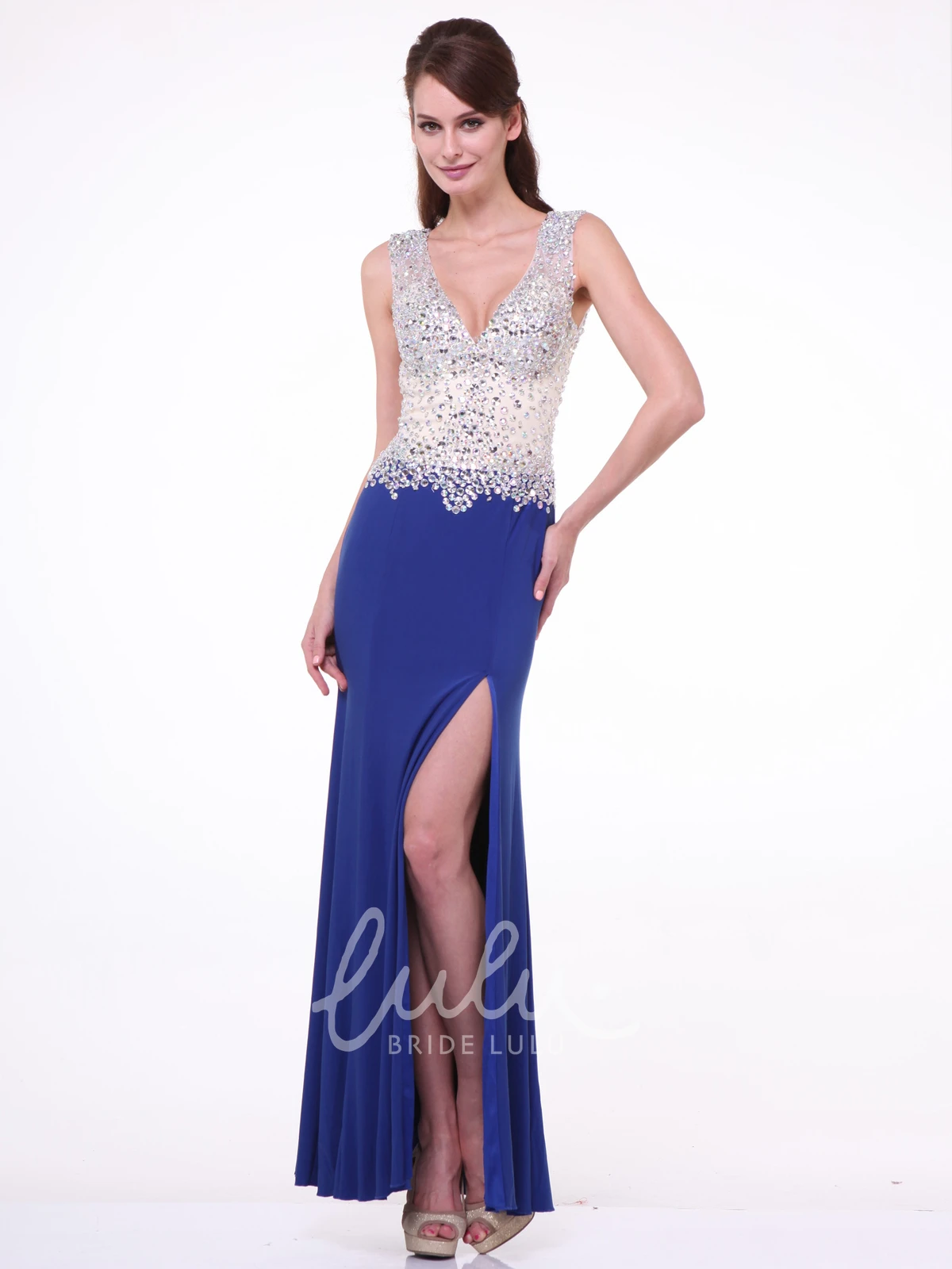 V-Neck Sleeveless Sheath Prom Dress with Beading and Split Front