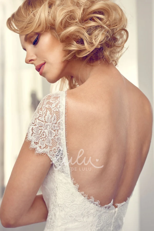 Lace Chiffon Wedding Dress with V-Back and Cap-Sleeves Long Square Style
