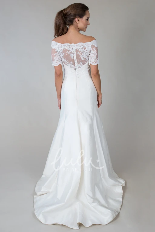 Short-Sleeve Off-The-Shoulder Satin&Lace Wedding Dress With Illusion Off-Shoulder Satin & Lace Short-Sleeve Wedding Dress