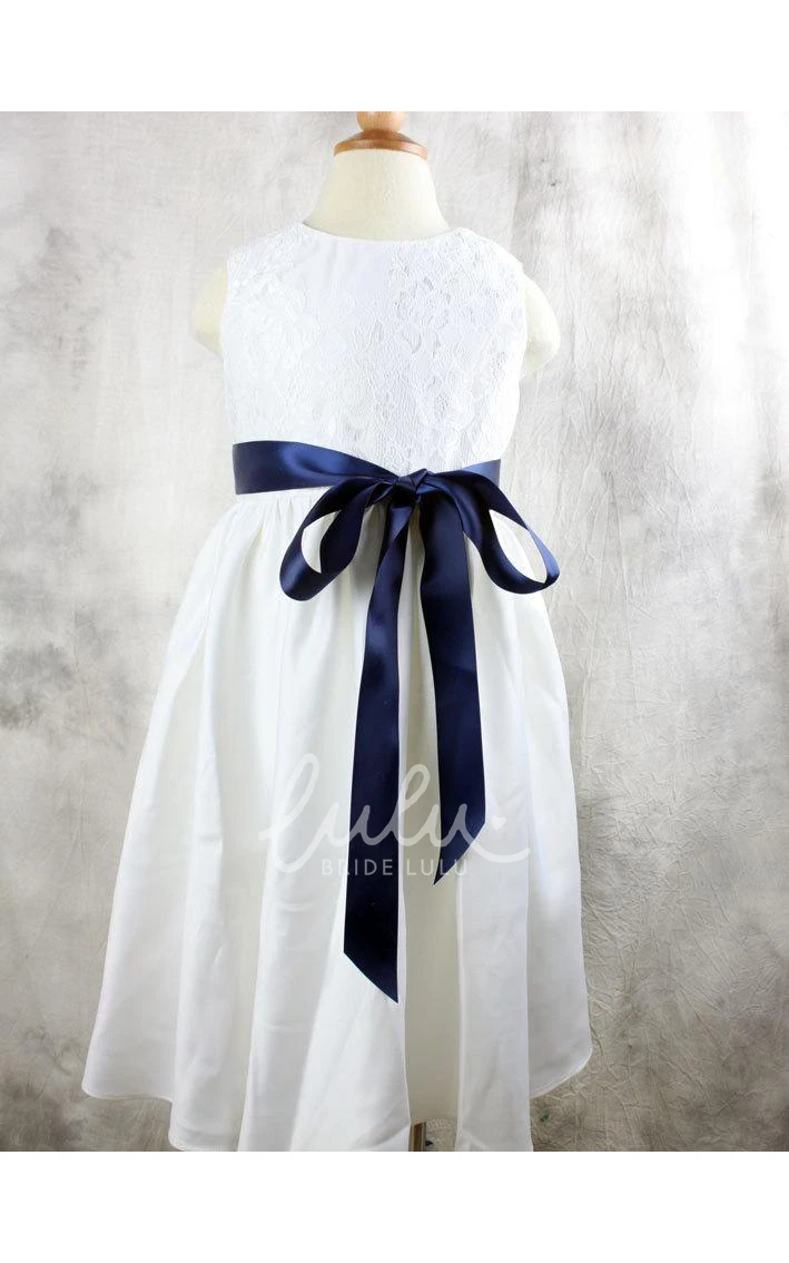 Lace Flower Girl Sleeveless Bodice Wedding Party Dress With Sash and Bow
