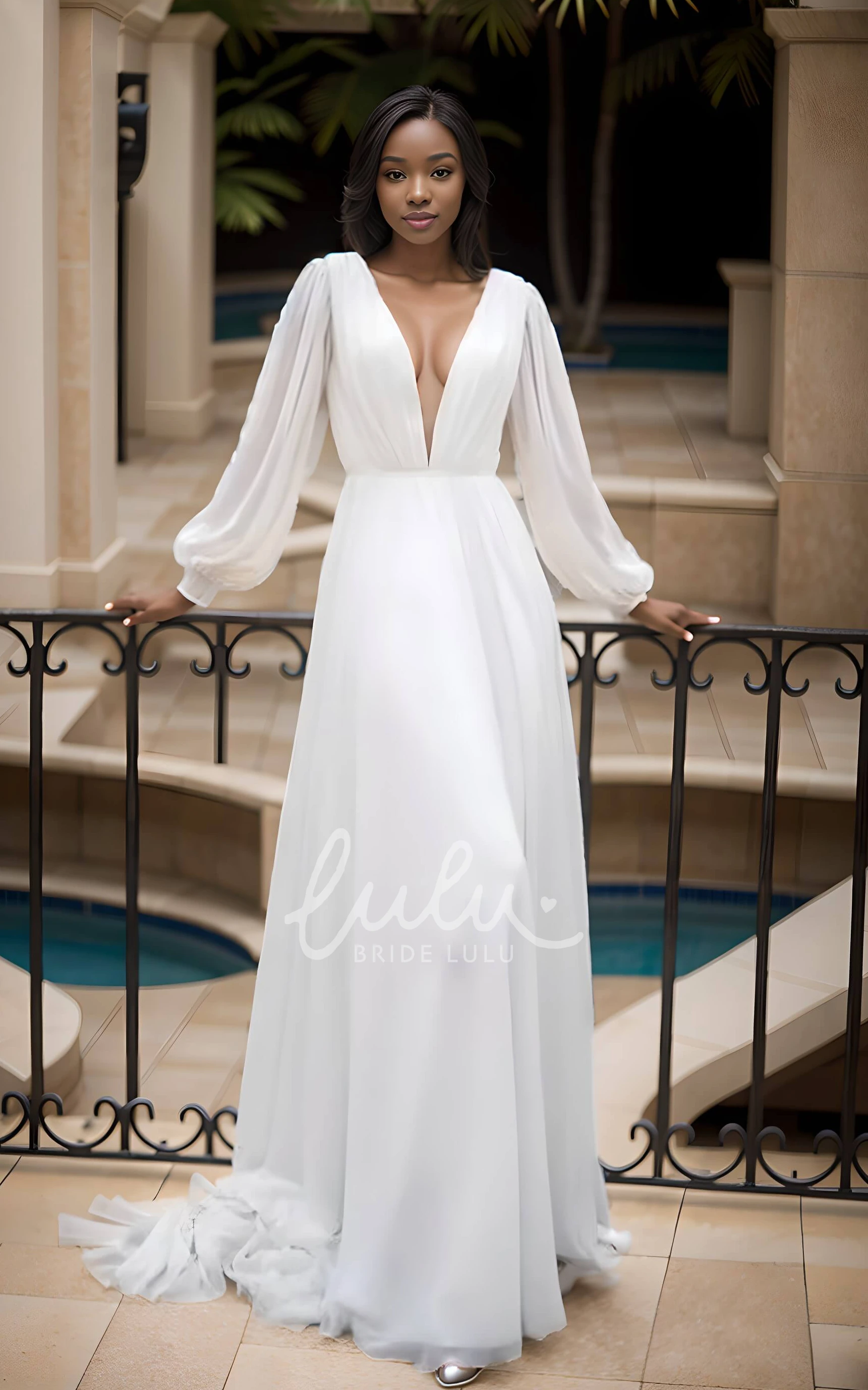 Elegant Solid A-Line Pleats Chiffon Floor-length Winter Wedding Dress Vintage Sexy Balloon Long Sleeve Plunging V-Neck Bridal Gown with V Back Train Sash
