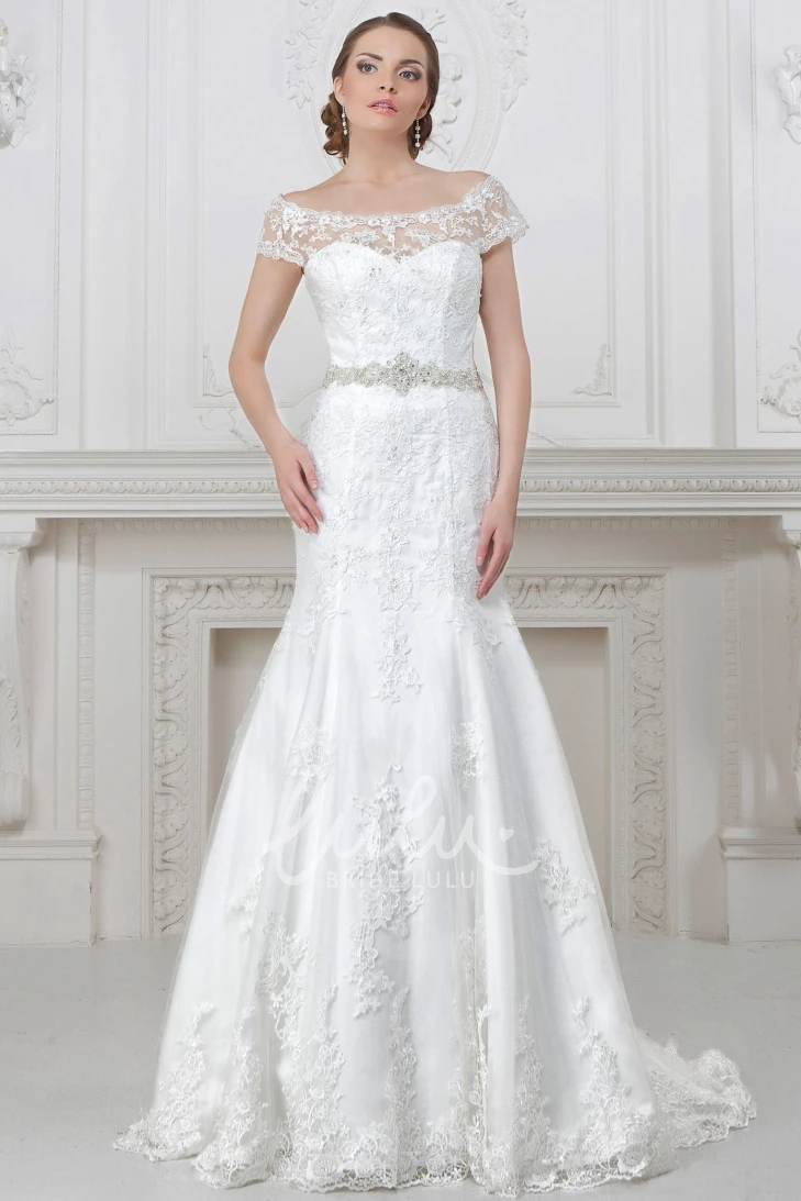 Lace Appliqued Off-Shoulder Mermaid Wedding Dress with Waist Jewelry