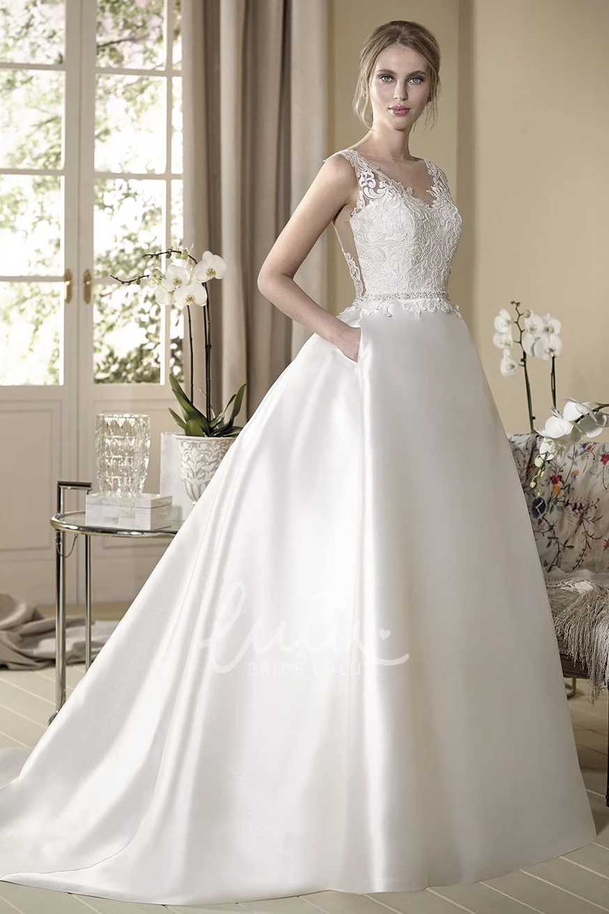 V-Neck Satin Sleeveless Ball Gown Wedding Dress