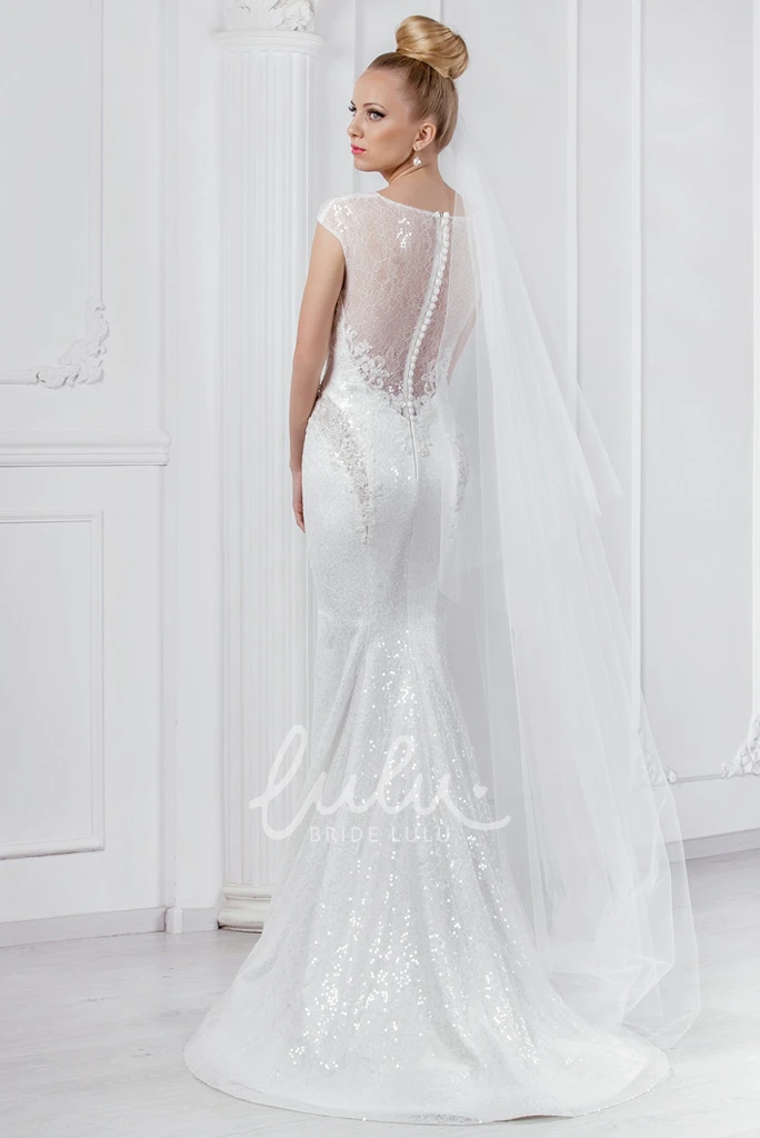 Sequined Lace Sheath Wedding Dress with Illusion Neckline