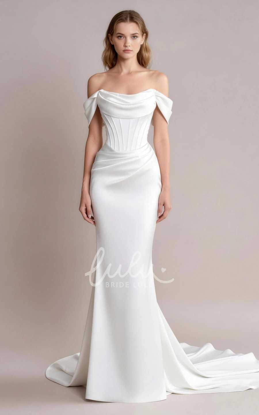 Satin Summer Wedding Dress Beach Off Shoulder Mermaid Corset Bridal Gown Draped Neckline Low Back Court Train