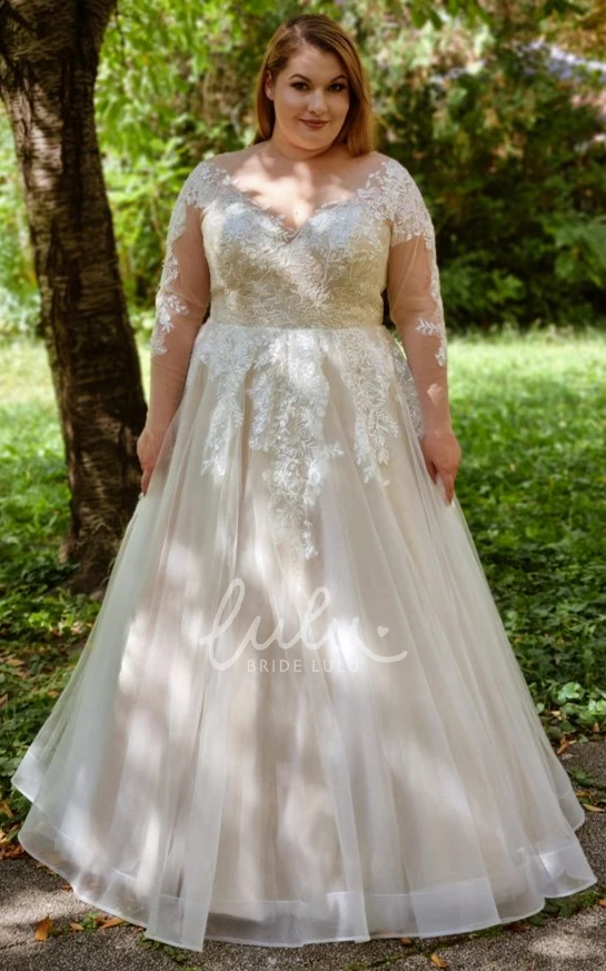 Long Sleeved Tulle A Line Wedding Dress with V-neck and Appliques Floor-length