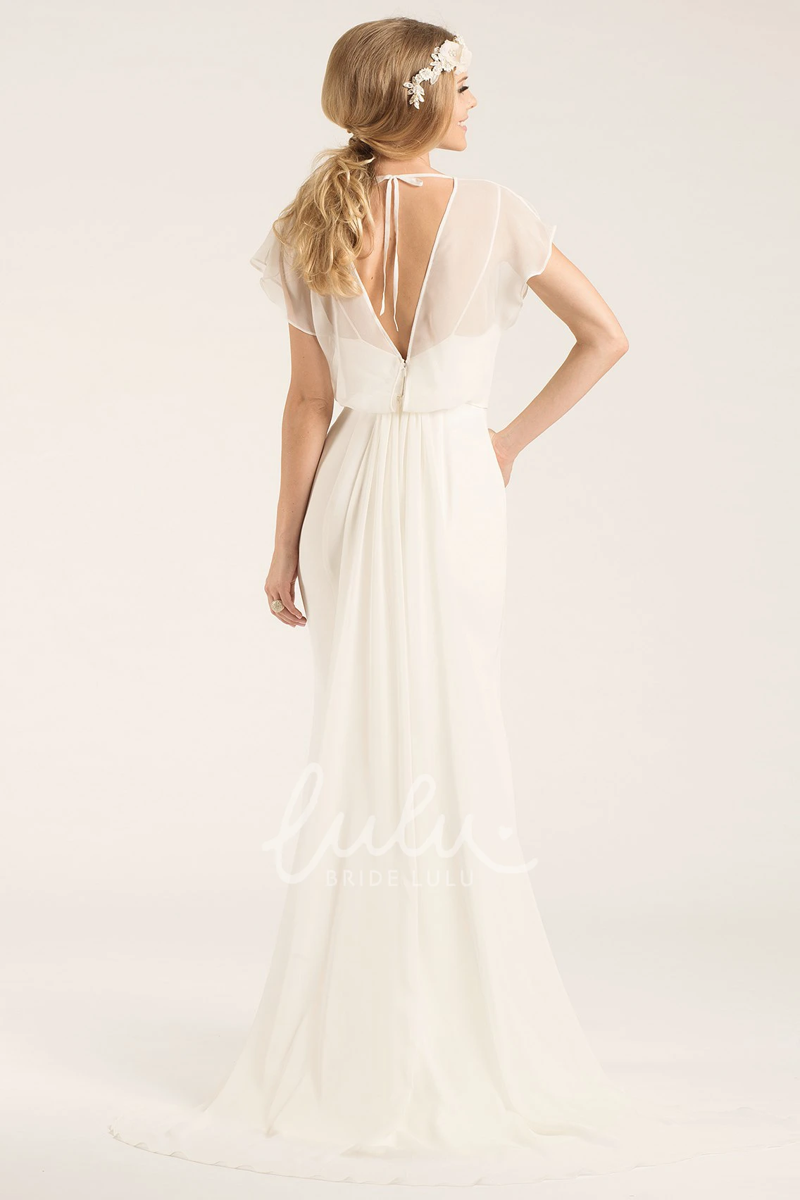 Poet-Sleeve Chiffon Wedding Dress Flowy Bridal Gown