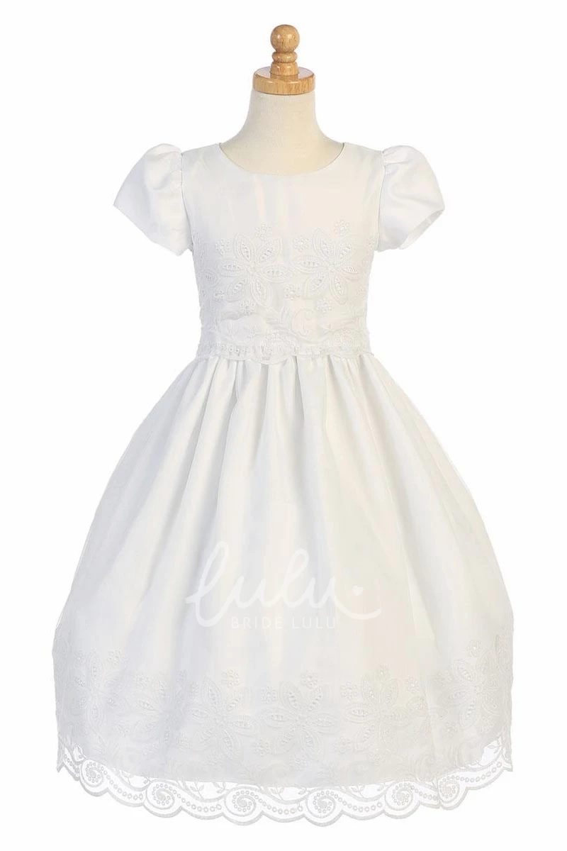 Cap-Sleeve Tiered Organza Tea-Length Flower Girl Dress with Embroidery and Floral Design