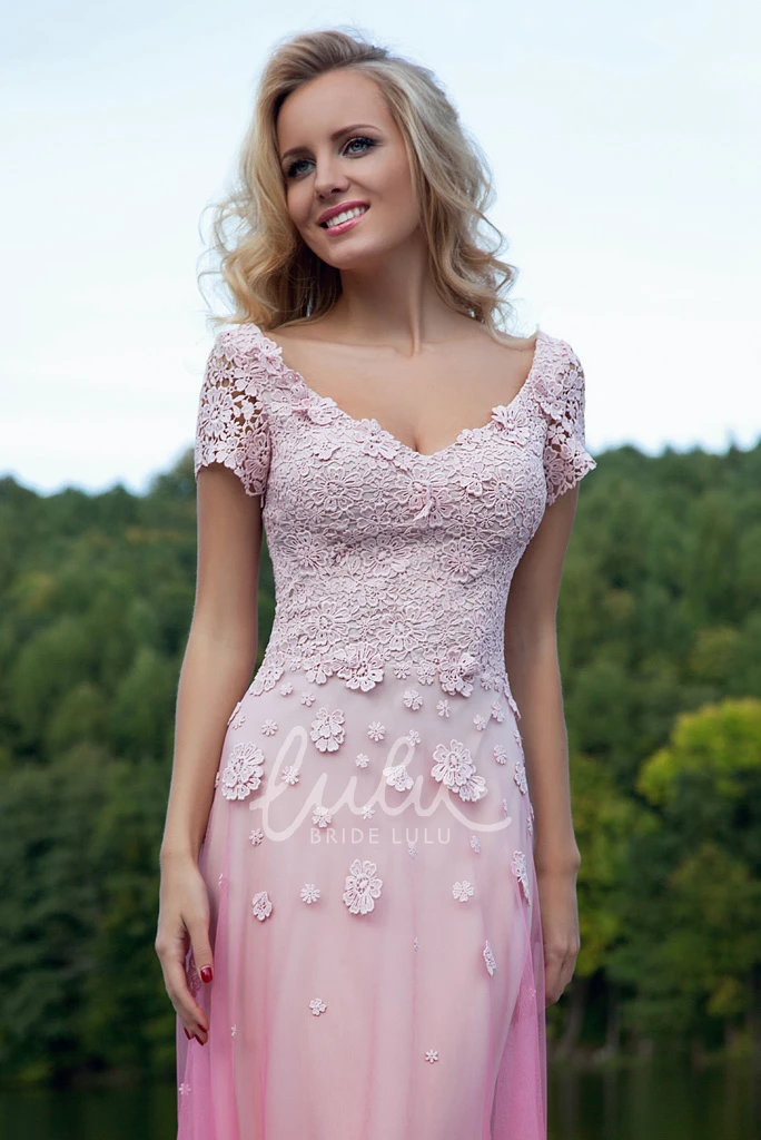 Appliqued V-Neck Sheath Maxi Prom Dress Short-Sleeve & Unique