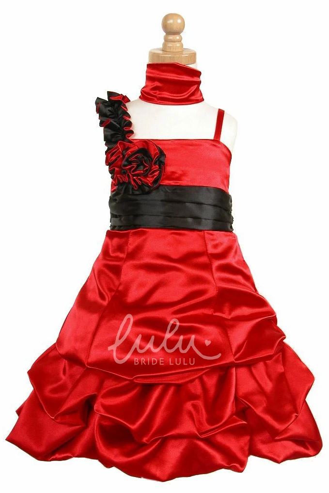 Satin Ruched Knee-Length Floral Cape Flower Girl Dress with Sash