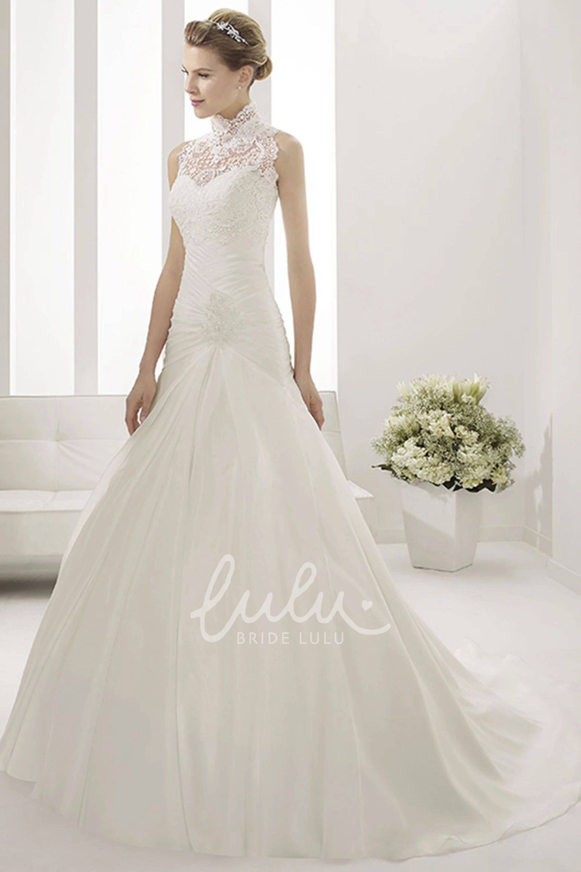 Removable Lace High-Neck Top Mermaid Taffeta Wedding Dress